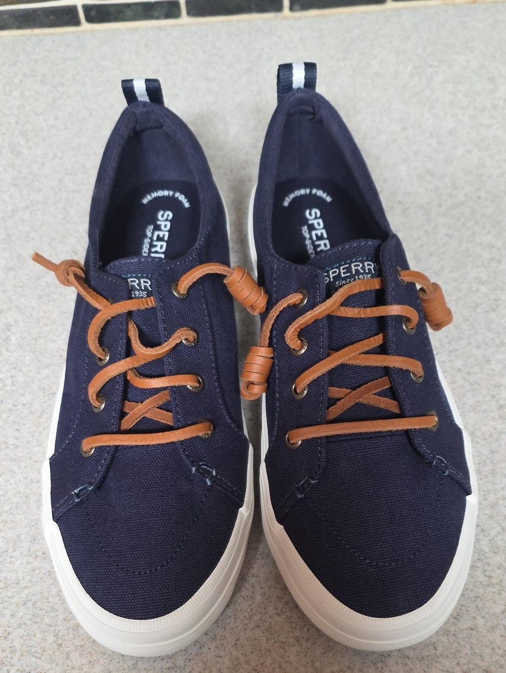 Sperry Navy Canvas Boat Shoes with Brown Laces